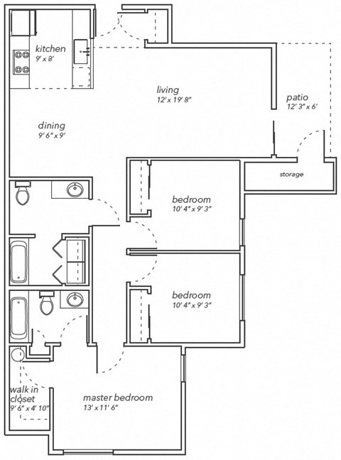 Floor plan for 3 beds, 2 baths, 1172 sqft